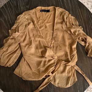 New York & Company Mustard Wrap Top with Metallic Pinstripes